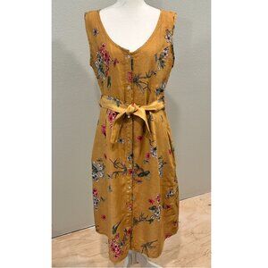 Linen Sleeveless Mustard Floral Button-Front Tie-Waist Dress